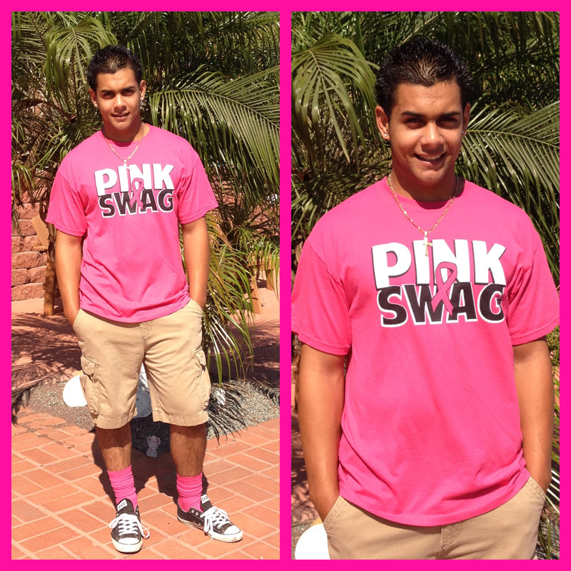 Front and side views of the bright pink Pink Swag breast cancer awareness T-shirt