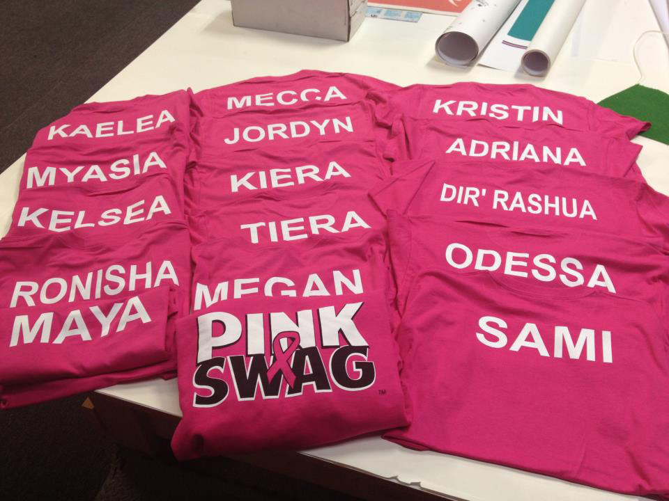 Personalized Pink Swag team shirts prepared for a breast cancer support group
